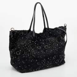 Pre Owned حقيبة يد توتس فالنتينو جلد لامع وشعر عجل أسود مزخرفة كريستال