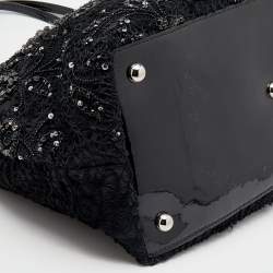 Pre Owned حقيبة يد توتس فالنتينو جلد لامع وشعر عجل أسود مزخرفة كريستال