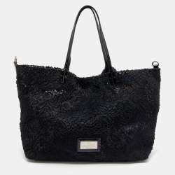 Pre Owned حقيبة يد توتس فالنتينو جلد لامع وشع ر عجل أسود مزخرفة كريستال