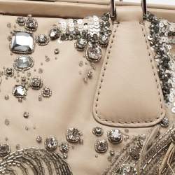 Pre Owned Valentino Beige Leather Crystal Embellished and Feather Alice Glam Frame Bag
