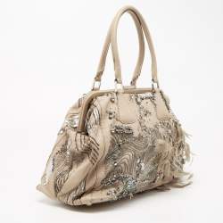 Pre Owned Valentino Beige Leather Crystal Embellished and Feather Alice Glam Frame Bag