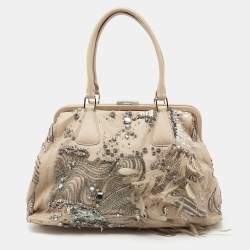 Pre Owned Valentino Beige Leather Crystal Embellished and Feather Alice Glam Frame Bag