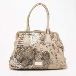 Pre Owned Valentino Beige Leather Crystal Embellished and Feather Alice Glam Frame Bag