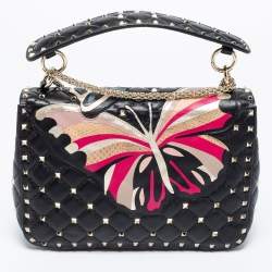 Pre Owned Valentino Black Quilted Leather Medium Butterfly Rockstud Spike Top Handle Bag