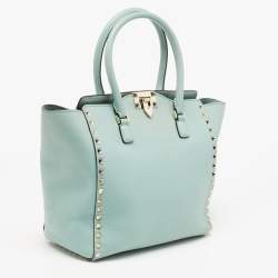 Pre Owned Valentino Mint Green Leather Small Rockstud Trapeze Tote
