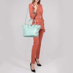 Pre Owned Valentino Mint Green Leather Small Rockstud Trapeze Tote