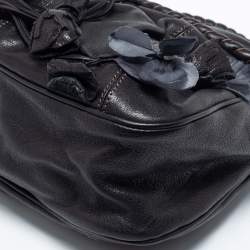 Pre Owned Valentino Black Leather And Silk Flower Embellishment Shoulder Bag