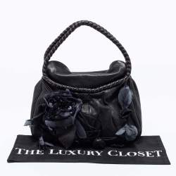Pre Owned Valentino Black Leather And Silk Flower Embellishment Shoulder Bag