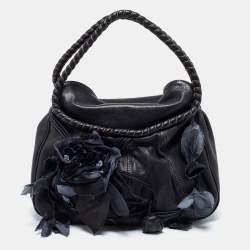 Pre Owned Valentino Black Leather And Silk Flower Embellishment Shoulder Bag