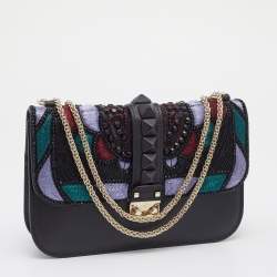 مملوكة مسبقًا حقيبة كتف فالنتينو جلد أسود مزخرف مرصع قفل غلام بسلسلة