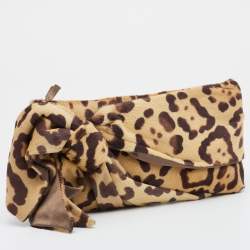 Pre Owned Valentino Beige Leopard Print Calf Hair Bow Clutch