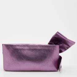 Pre Owned Valentino Metallic Purple Leather Pleated Bow Clutch