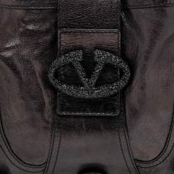Pre Owned Valentino Dark Brown Leather Crystal Embellished Catch Hobo