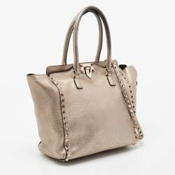 Pre Owned Valentino Metallic Grey Leather Rockstud Trapeze Tote