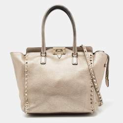 Pre Owned Valentino Metallic Grey Leather Rockstud Trapeze Tote
