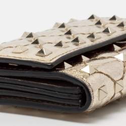 Pre Owned Valentino Gold Patent Leather Rockstud Spike Compact Wallet