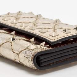 Pre Owned Valentino Gold Patent Leather Rockstud Spike Compact Wallet
