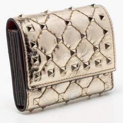 Pre Owned Valentino Gold Patent Leather Rockstud Spike Compact Wallet