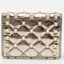 Pre Owned Valentino Gold Patent Leather Rockstud Spike Compact Wallet