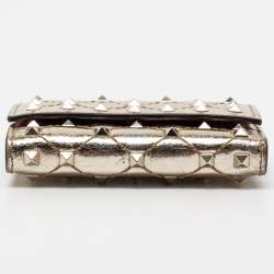 Pre Owned Valentino Gold Patent Leather Rockstud Spike Compact Wallet