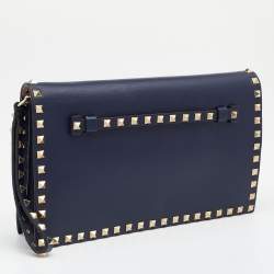 Pre Owned Valentino Navy Blue Leather Rockstud Wristlet Clutch