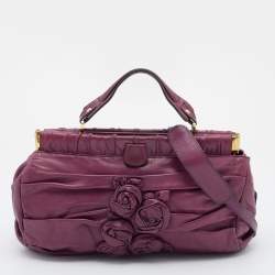 Pre Owned Valentino Purple Leather Rose Frame Top Handle Bag