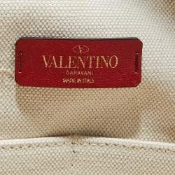 مملوكة مسبقًا حقيبة يد توتس فالنتينو جلد وكانفاس بني/أوف وايت مزينة شعار الماركة ڨي أل تي إن كبيرة