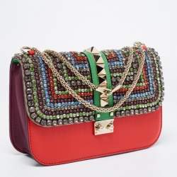 مملوكة مسبقًا Valentino Multicolor Leather Medium Embellished Rockstud Glam Lock Flap Bag