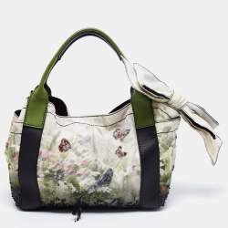 Pre Owned Valentino Multicolor Printed Nylon And Leather Double Pocket Bow Tote