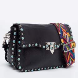 Pre Owned Valentino Black Leather Guitar Rolling Rockstud Shoulder Bag