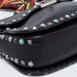 Pre Owned Valentino Black Leather Guitar Rolling Rockstud Shoulder Bag