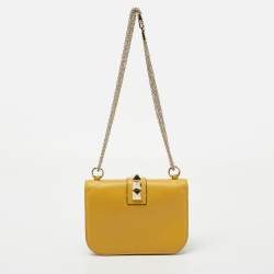 Pre Owned Valentino Yellow Leather Small Rockstud Glam Lock Flap Bag