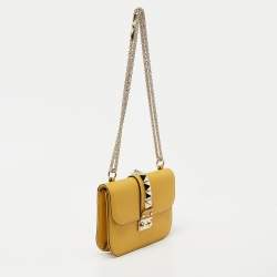 Pre Owned Valentino Yellow Leather Small Rockstud Glam Lock Flap Bag