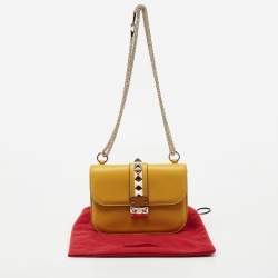 Pre Owned Valentino Yellow Leather Small Rockstud Glam Lock Flap Bag