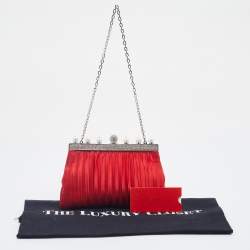 Pre Owned Valentino Red Satin Crystal and Pearl Embellished Frame Chain Clutch