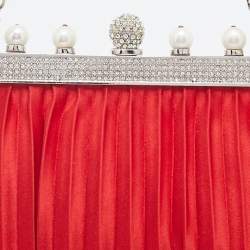 Pre Owned Valentino Red Satin Crystal and Pearl Embellished Frame Chain Clutch