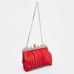 Pre Owned Valentino Red Satin Crystal and Pearl Embellished Frame Chain Clutch