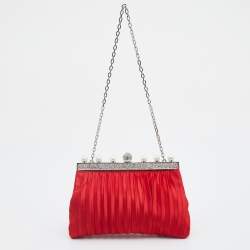 Pre Owned Valentino Red Satin Crystal and Pearl Embellished Frame Chain Clutch