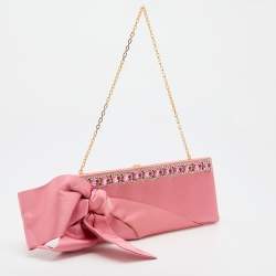 Pre Owned Valentino Pink Satchel Stone Embellisehd Bow Frame Chain Clutch