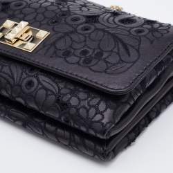 Pre Owned Valentino Black Lace Cut Leather Girello Chain Shoulder Bag