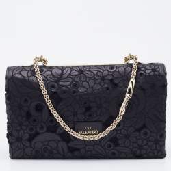 Pre Owned Valentino Black Lace Cut Leather Girello Chain Shoulder Bag