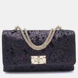Pre Owned Valentino Black Lace Cut Leather Girello Chain Shoulder Bag