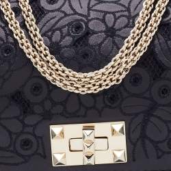 Pre Owned Valentino Black Lace Cut Leather Girello Chain Shoulder Bag