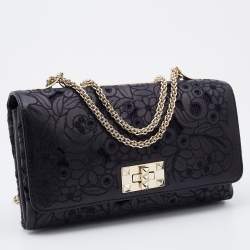 Pre Owned Valentino Black Lace Cut Leather Girello Chain Shoulder Bag