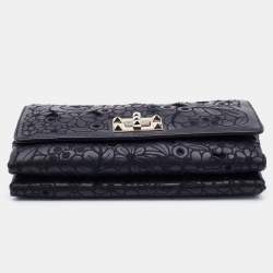 Pre Owned Valentino Black Lace Cut Leather Girello Chain Shoulder Bag