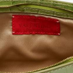 Pre Owned Valentino Green Croc Embossed Leather Crystal Embellished Clutch