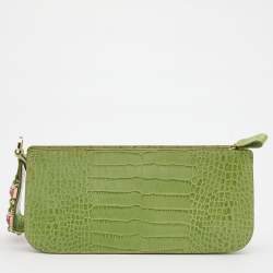 Pre Owned Valentino Green Croc Embossed Leather Crystal Embellished Clutch