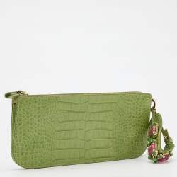 Pre Owned Valentino Green Croc Embossed Leather Crystal Embellished Clutch