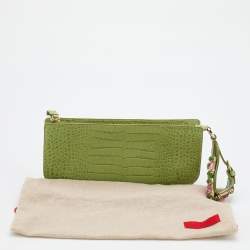 Pre Owned Valentino Green Croc Embossed Leather Crystal Embellished Clutch
