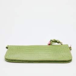 Pre Owned Valentino Green Croc Embossed Leather Crystal Embellished Clutch
